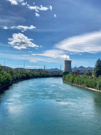 Aare River with the nuclear power plant nuclear power plant in Goesgen