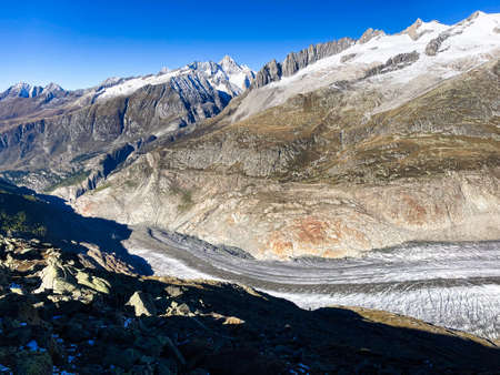 The impressive view to the Glacier tongue of the Aletsch Glacier in Switzerlandの写真素材