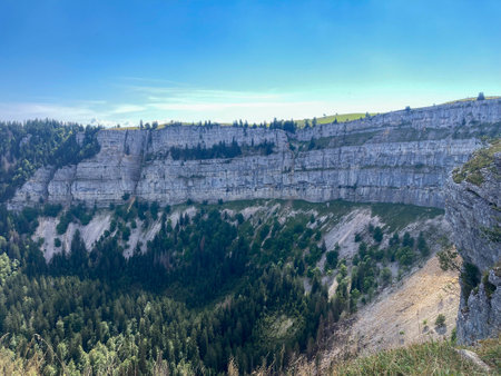 View to the impressive Rock Formation of Creux-du-Van in Switzerlandの写真素材