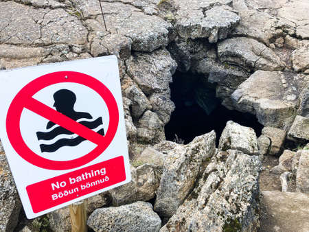 No Swimming at Grjotagja Hot Spring Cave near Mytavn Area in Icelandの写真素材