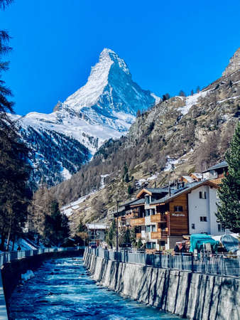 Zermatt Village and the Matterhorn Mountain in Switzerlandの写真素材