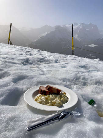 Lunch during Corona Lockdown while Skiing in Switzerlandの写真素材
