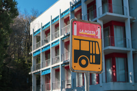 Serpiano, Switzerland, 10. April 2022: Bus Stop in Serpianoのeditorial素材