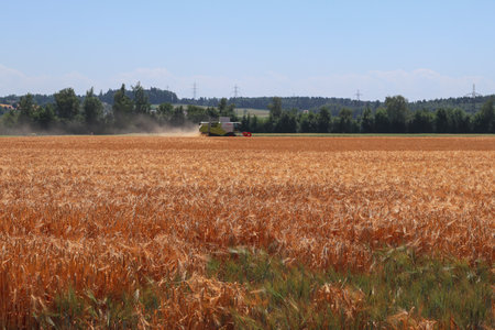 Wangen, Switzerland, 20. June 2022: A combine harvester on a cornfieldのeditorial素材