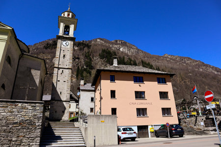 Sonogno, Switzerland, 10. April 2022: Church and Historical Village of Sonognoのeditorial素材