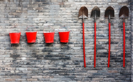 Fire fighting in a temple in Pingyao, Chinaの写真素材