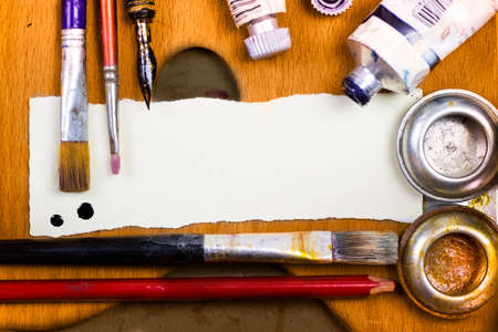 Art banner with brush brushes, tube pen and paletteの写真素材