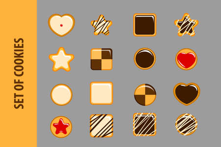 Set of cookies in flat style. 16  objects on a gray background. Icons for Web and Mobile Application. Tasty cookies for execution of business cards of cooks.  illustration.のイラスト素材