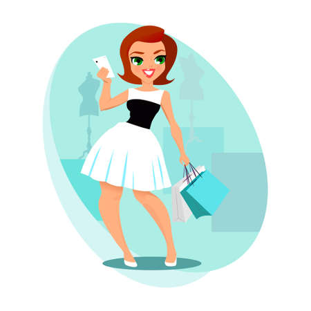 Fashion selfie girl with smartphone.  illustration on a light-turquoise background.のイラスト素材