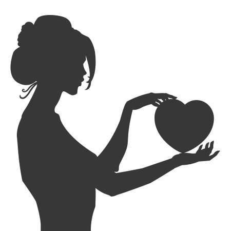 The girl's silhouette with heart in hands. The  drawing without background. Design element for a card by St. Valentine's Day.のイラスト素材