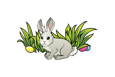 Happy Easter Card with Rabbit, Eggs, Grass. Banner design. Vector illustrationのイラスト素材