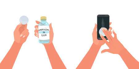 Clean your phone from time to time during coronavirus attack. Use a 70% isopropyl alcohol. Vector stock illustration isolated on white background.のイラスト素材