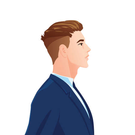Profile portrait of a beautiful businessman in a blue suit. Vector stock illustration isolated on white background.のイラスト素材