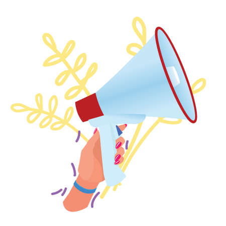 Female hand holding a megaphone on a white background.のイラスト素材