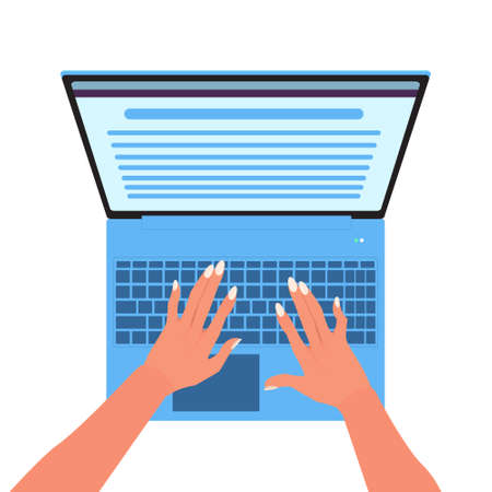 Woman hands writing working on laptop. Vector stock illustration isolated on white background.のイラスト素材