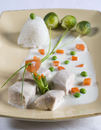 Chicken roast and vegetables with riceの写真素材