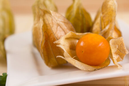 one open and four closed physalis on a white plateの写真素材