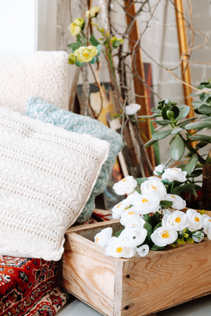 scandinavian style hipster interior, cozy loft roomの写真素材