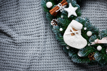 Christmas wooden background with snow fir tree. View with copy spaceの写真素材