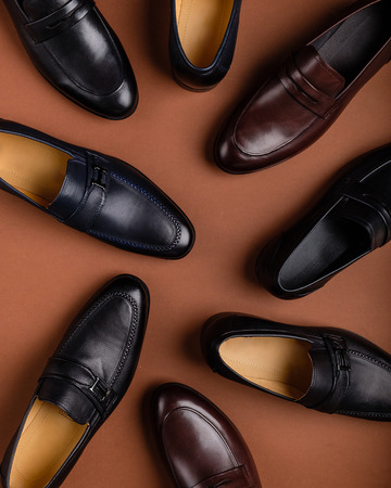 Male shoes collection. Men's fashion leather shoes flat layの写真素材