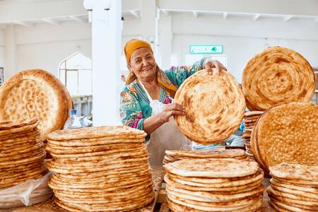 Bukhara, Uzbekistan September 01 2018: Uzbek Bread. Sell in Market