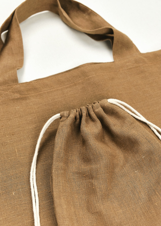 Linen Blank Case Bags Eco Package. Empty Craft Flax Pack Natural Ecological Friendly Textile. Set of Handmade Recycleable Empty Fileの写真素材