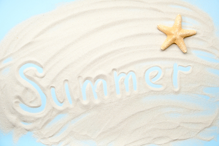 Summer Typography Sand Banner Background Starfish. Travel to Sea Beach Decoration Scene Horizontal Poster Word Top View. Sandy Blue Abstract Surface for Tropical Vacation Exotic Texture Signの写真素材