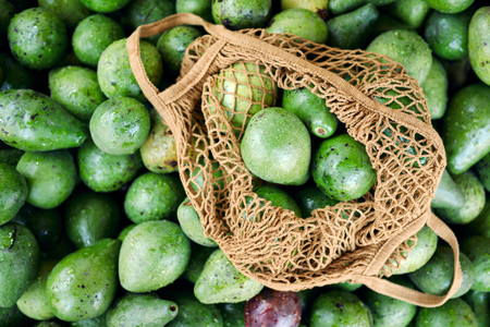 Avocado Pile Shop String Bag Closeup Top View. Healthy Green Vegetable Business in Local Tropical Marketplace. Diet Vegetarian Food Ingredient for Guacamole. Prevent Environment Pollutionの写真素材