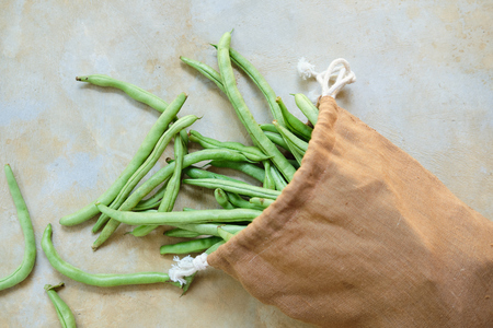 Fresh Green Asparagus Bunch in Eco Textile Bag. Organic Harvest Vegetarian Nutrition. Zero Waste...