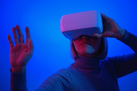 Young Woman Playing on Vr Glasses Touching Air