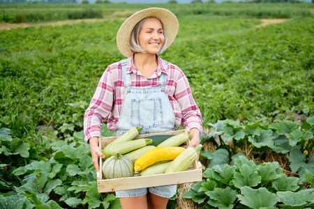 Cute girl in wearing Hat Picking Freshest Squash and Zucchini in a Garden. Autumn Vegetable Harvest.