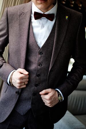 Standing Character Confident Businessman in Suit. Slim Young Man in Corporate Style Wearing Light...