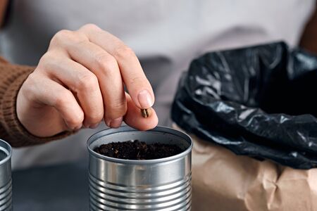 Young woman sowing seeds in metal cans.