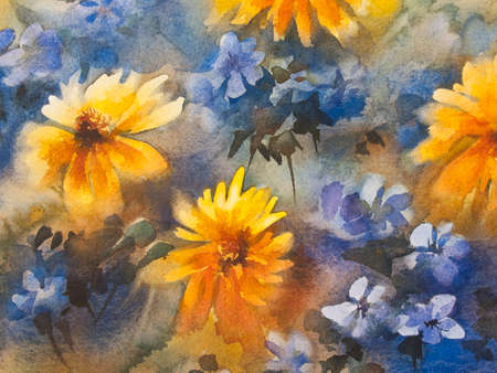 yellow and blue flower marguerite watercolor nature backgroundの写真素材