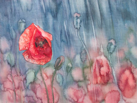 watercolor flowers poppies field in the rainの写真素材