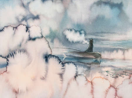 Landscape with boat on the lake and fisherman. Mist clouds. Picture created with watercolor.の写真素材