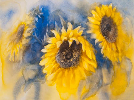 A watercolor drawing of three bright golden sunflowers with green leaves, on blue background, vintage style botanical artの写真素材