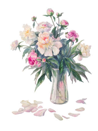 bouquet of white and pink peonies watercolor illiustrationの写真素材