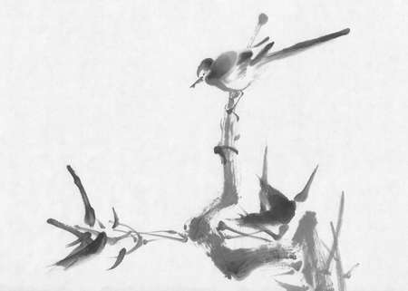 Bird sumi-e ink paintingの写真素材