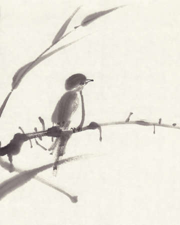 Bird sumi-e ink paintingの写真素材
