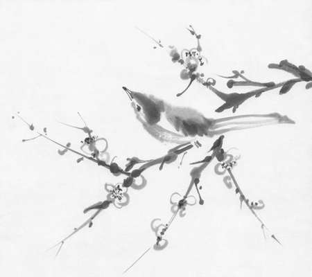 Bird on a cherry branch sumi-e ink paintingの写真素材