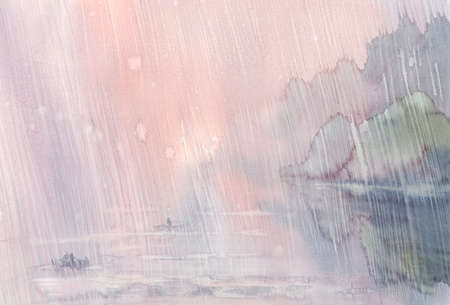 morning rain watercolor landscapeの写真素材
