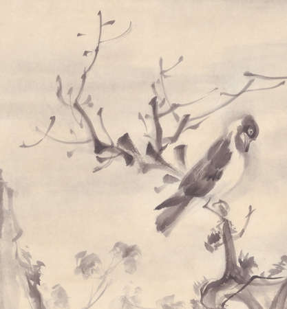 Birds on a tree autumn landscape ink paintingの写真素材
