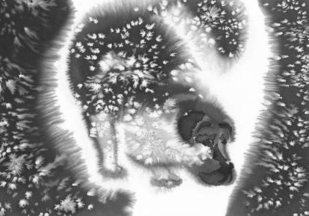 black dog in the storm watercolorの写真素材