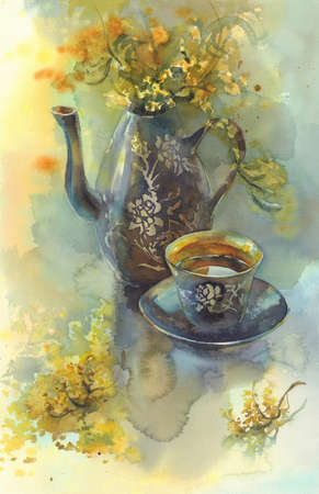 a cup of tea with mimosa flowers watercolorの写真素材