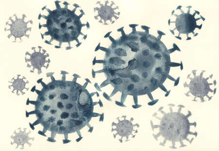 a drawing of a coronavirus in grey watercolor backgroundの写真素材