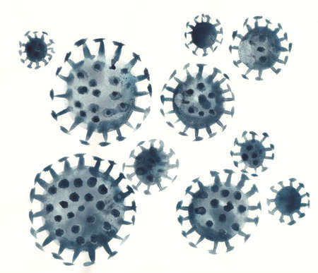 a drawing of a coronavirus in grey watercolor background