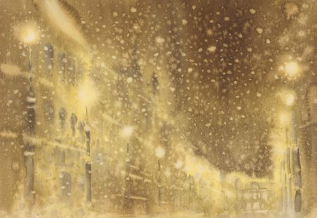 Winter illustration with houses on night sky with snow backgroundの写真素材