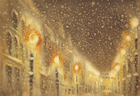 Winter illustration with houses on night sky with snow backgroundの写真素材