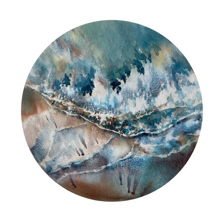 Stormy sea view in a circle shape watercolor background.の写真素材